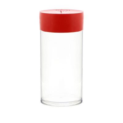 Clear tall cylindrical container with a red screw-on lid, empty inside.