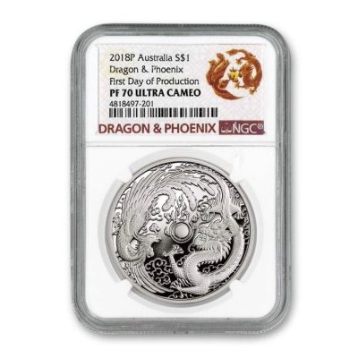 2018年 (新品) オーストラリア「ドラゴンとフェニックス・龍と鳳凰」純銀 1オンス プルーフ 銀貨 (NGC PF70 UC FDP)
