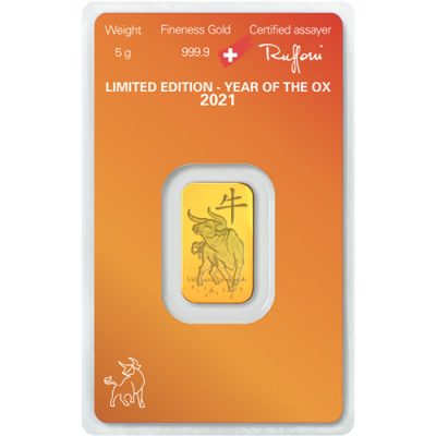 2021 (New) Swiss 5 gram Argor Year of the Ox .9999 Gold Bar in Assay