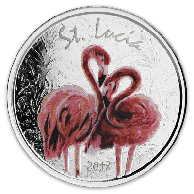 2018 (New) Color Proof Caribbean St. Lucia Pink Flamingo 1 oz .999 Silver Coin