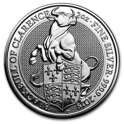 2018年 (新品) イギリス「クィーンズ ビースト・クラレンスの黒い雄牛」純銀 2オンス 銀貨