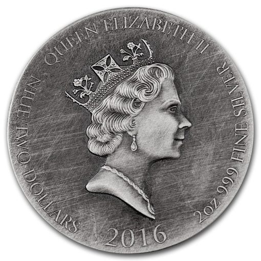 2016年 (新品) ニウエ「ヴァイキング・ソー」純銀 2オンス アンティーク銀貨 - 画像 (2)