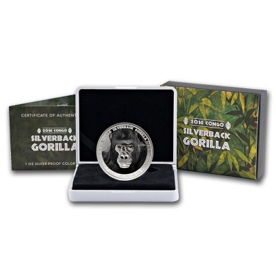 2016 (New) Africa Congo Silverback Gorilla 1 oz 31.1 Silver Coin Color Proof
