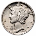1916年-1945年 アメリカ「マーキュリー ダイム」90% 銀 流通 銀貨【10