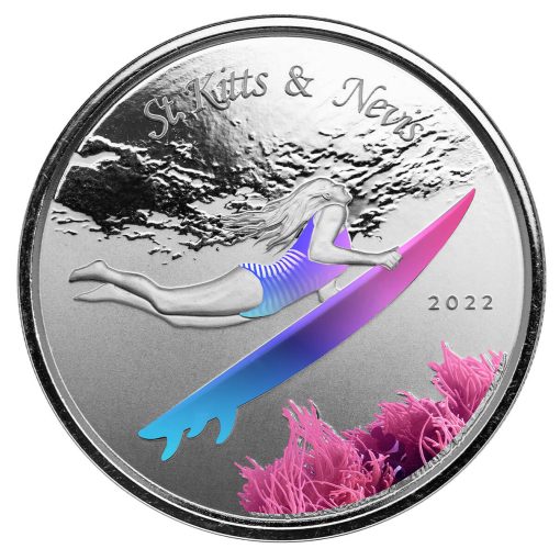 2022年 (新品) セントキッツ＆ネイビス「水中サーファー」純銀 1オンス カラープルーフ 銀貨 - 画像 (2)