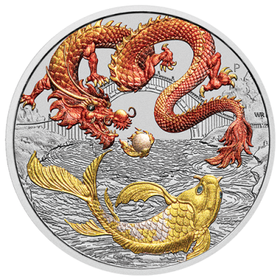 2023 (New) Australia Chinese Myths and Legends Red Dragon And Koi Silver 1 oz Color Coin
