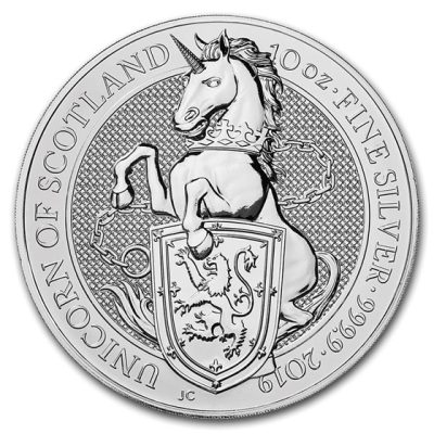 2019年 (新品) イギリス「クィーンズ ビースト・ユニコーン 一角獣」純銀 10オンス 銀貨