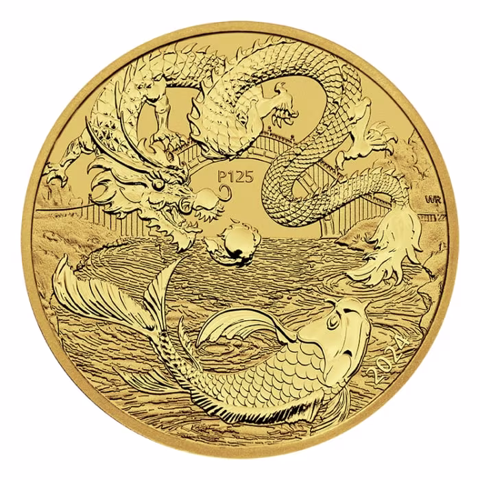 2024年 (新品) オーストラリア「ドラゴン・龍と鯉」純金 1オンス 金貨