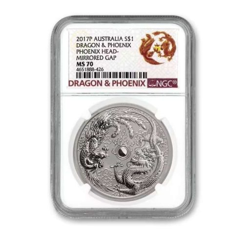 2017年 (新品) オーストラリア「ドラゴンとフェニックス・龍と鳳凰」純銀 1オンス エラー 銀貨 NGC MS70