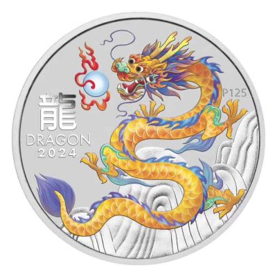 2024 (New) Australian Lunar Year of the Dragon Yellow Dragon Silver 1 oz Color Coin