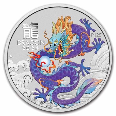 2024年 (新品) オーストラリア「干支 十二支・辰年 龍年・パープルドラゴン」純銀 1オンス カラー 銀貨