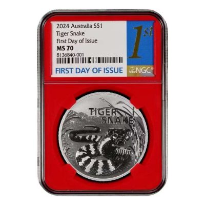 2024年 (新品) オーストラリア「危険生物・タイガースネーク」純銀 1オンス 銀貨 NGC MS70