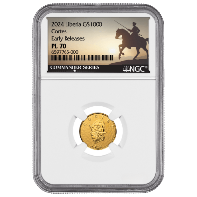 2024 (New) Liberia The Commander's Series Hernan Cortes Gold 1/10 oz NGC PL70 Coin