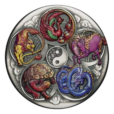 2024年 (新品) ツバル「縁起の良い五つの生き物」純銀 5オンス アンティーク カラー 銀貨