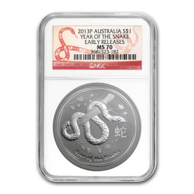 2013年 (新品) オーストラリア「干支 十二支・巳年 蛇年」純銀 1オンス 銀貨 NGC MS70
