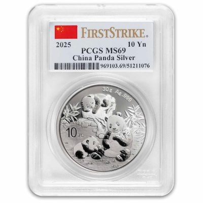 2025年 (新品) 中国「パンダ」純銀 30グラム 銀貨 PCGS MS69 (ファーストストライク、国旗ラベル)