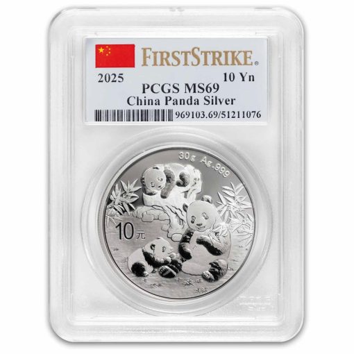 2025年 (新品) 中国「パンダ」純銀 30グラム 銀貨 PCGS MS69 (ファーストストライク、国旗ラベル)