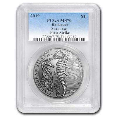 2019 (New) Barbados Seahorse Silver 1 oz Coin PCGS MS70 (FirstStrike)