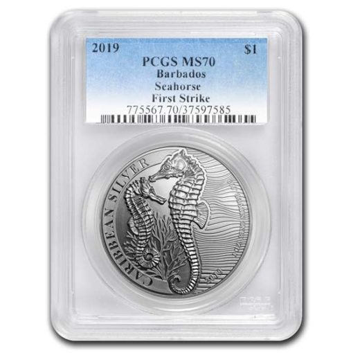 2019 (New) Barbados Seahorse Silver 1 oz Coin PCGS MS70 (FirstStrike)