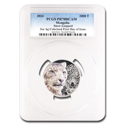 2024年 (新品) モンゴル「ユキヒョウ」純銀 3オンス PCGS PR70 ディープカメオ プルーフ 銀貨 (発行初日)