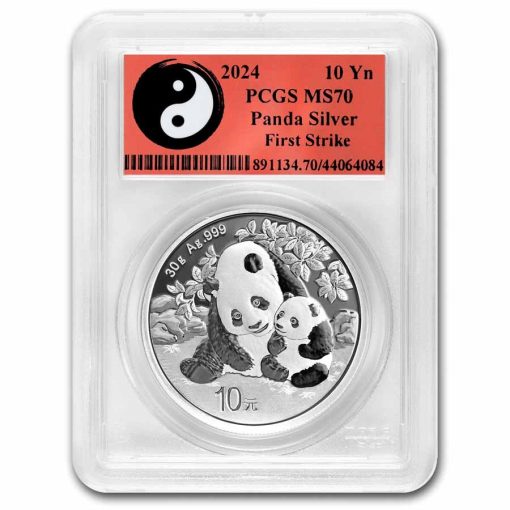 2024年 (新品) 中国「パンダ」純銀 30グラム 銀貨 PCGS MS70 (ファーストストライク、陰陽)