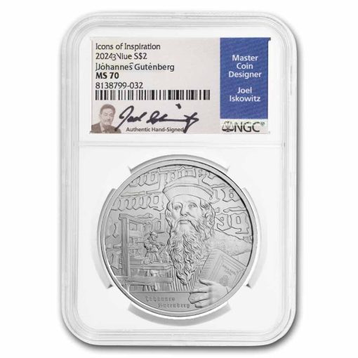 2024年 (新品) ニウエ「アイコン・ヨハネス・グーテンベルク」純銀 1オンス 銀貨 NGC MS70