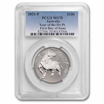 2021年 (新品) オーストラリア「 干支 十二支・丑年 牛年」純プラチナ 1オンス プラチナ貨 PCGS MS70 (発行初日)