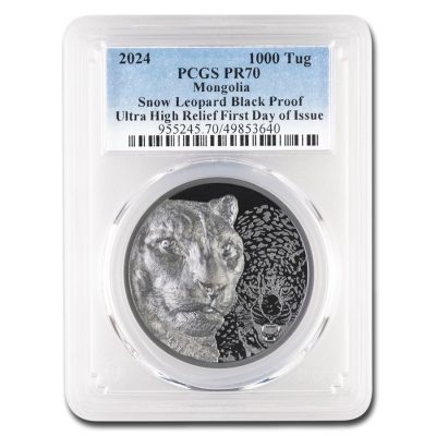2024年 (新品) モンゴル「ユキヒョウ」純銀 2オンス PCGS PR70 プルーフ 銀貨 (発行初日)