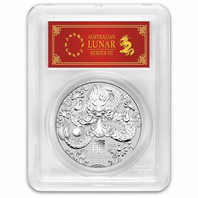 2024年 (新品) オーストラリア「干支 十二支・辰年 龍年」純銀 1オンス 銀貨 PCGS MS70 (ファーストストライク、レッドレーベル)