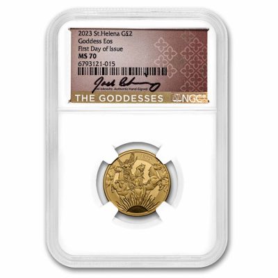 2023 (New) St. Helena Goddess Eos and the Horses Gold 1/4 oz Coin NGC MS70 (First Day of Issue)