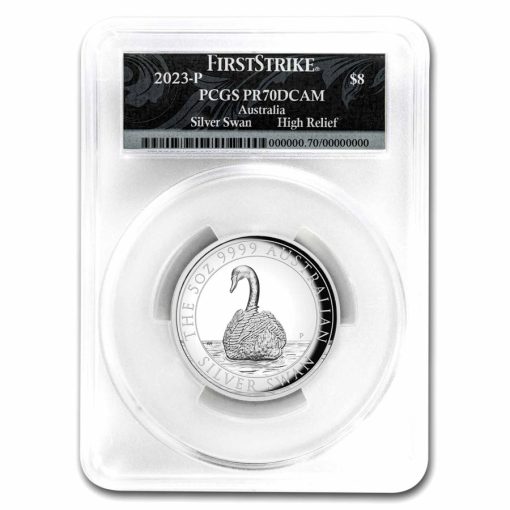 2023年 (新品) オーストラリア「白鳥・ハクチョウ・スワン」純銀 5オンス ハイリリーフ PCGS PR70 プルーフ 銀貨 (ファーストストライク、スワンレーベル)
