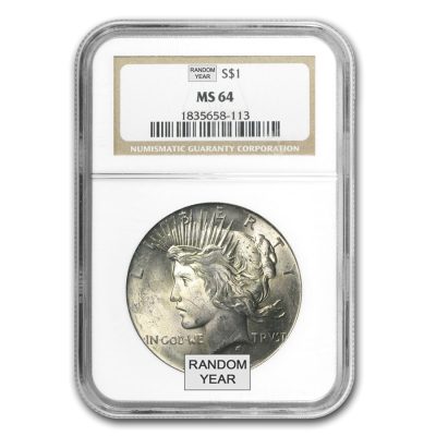 1921-1935 USA Peace Dollar 90% Silver Circulated Coin NGC MS64 (Random Year)