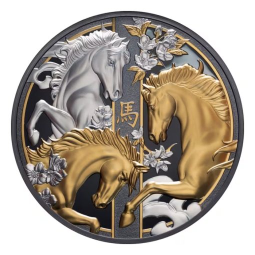 2026 (New) Niue Year of the Horse Lunar Silver 5 oz Gilded Black Proof Coin - Image 2
