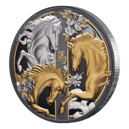 2026 (New) Niue Year of the Horse Lunar Silver 5 oz Gilded Black Proof Coin - Image 4