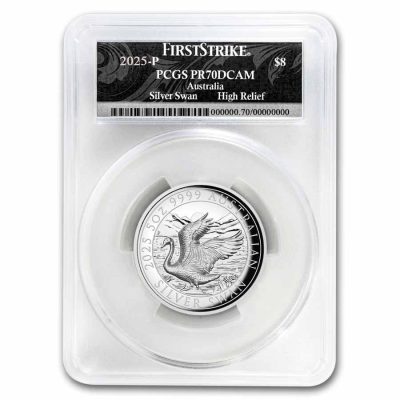 2025 (New) Australian Swan Silver 5 oz High Relief PCGS PR70 DCAM Proof Coin (FirstStrike, Swan Label)