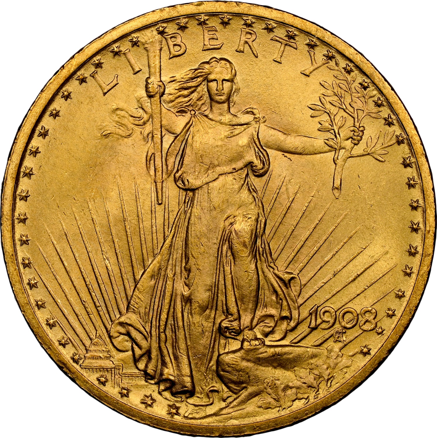 1908年 (新品) アメリカ 「ダブル イーグル・セント ゴーデンス」純金 1オンス 金貨 PCGS MS65 - 画像 (2)