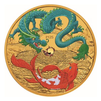 2024年 (新品) オーストラリア「グリーンドラゴン・龍と鯉」純金 1オンス カラー 金貨