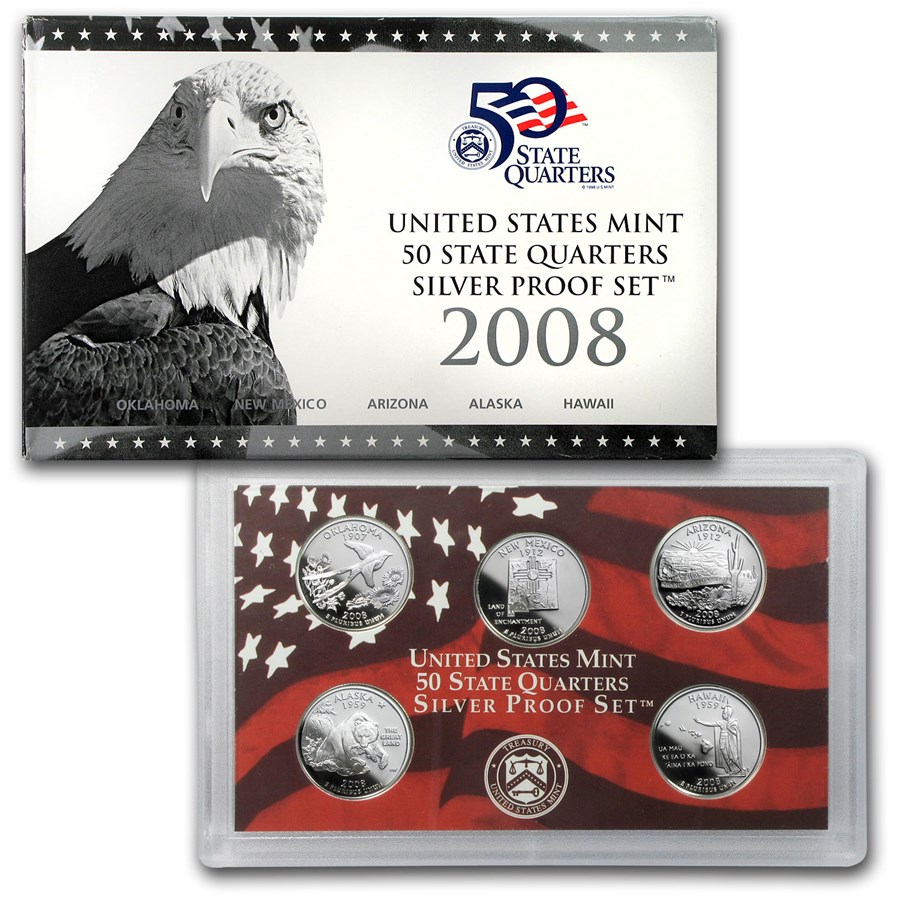 2008 (New) USA 50 State Quarter Silver 27.79 grams Proof Coins【5 Coin Set】