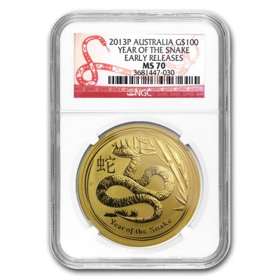 2013 (New) Australian Year of the Snake Lunar Gold 1 oz Coin PCGS MS70 (Early Releases)