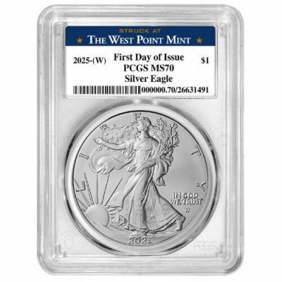 2025年 (新品) アメリカ「イーグル・ウオーキングリバティ」純銀 1オンス 銀貨 PCGS MS70 ウェストポイントで発行 (発行初日)